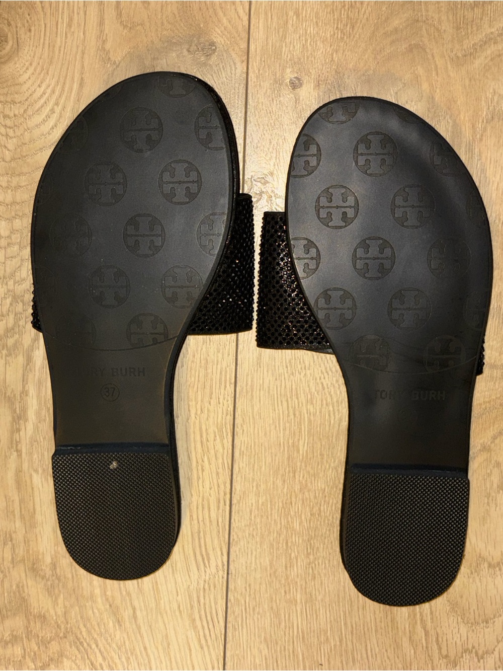 Tory Burch Black Slides with Gold Logo Accent - Picture 3 of 3